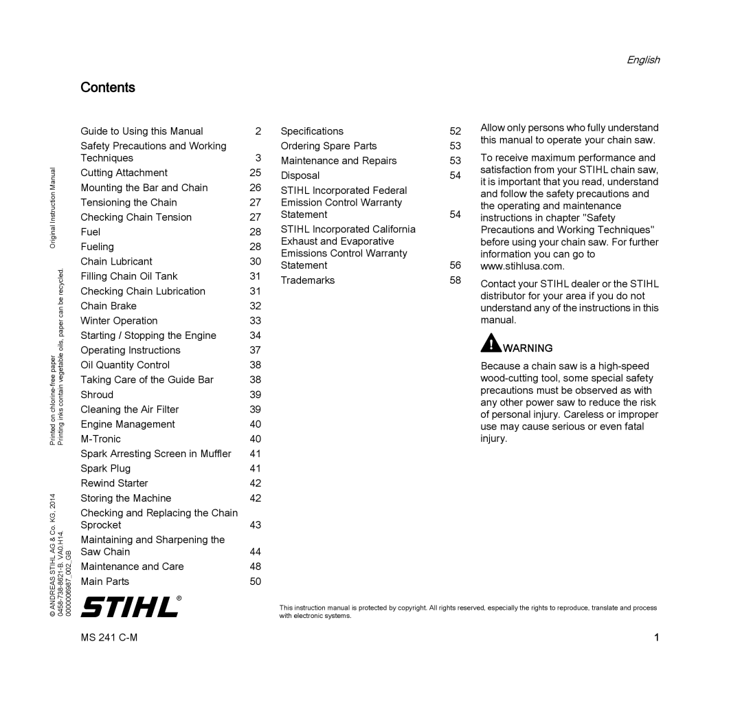 STIHL MS 241 C-M manual Contents 