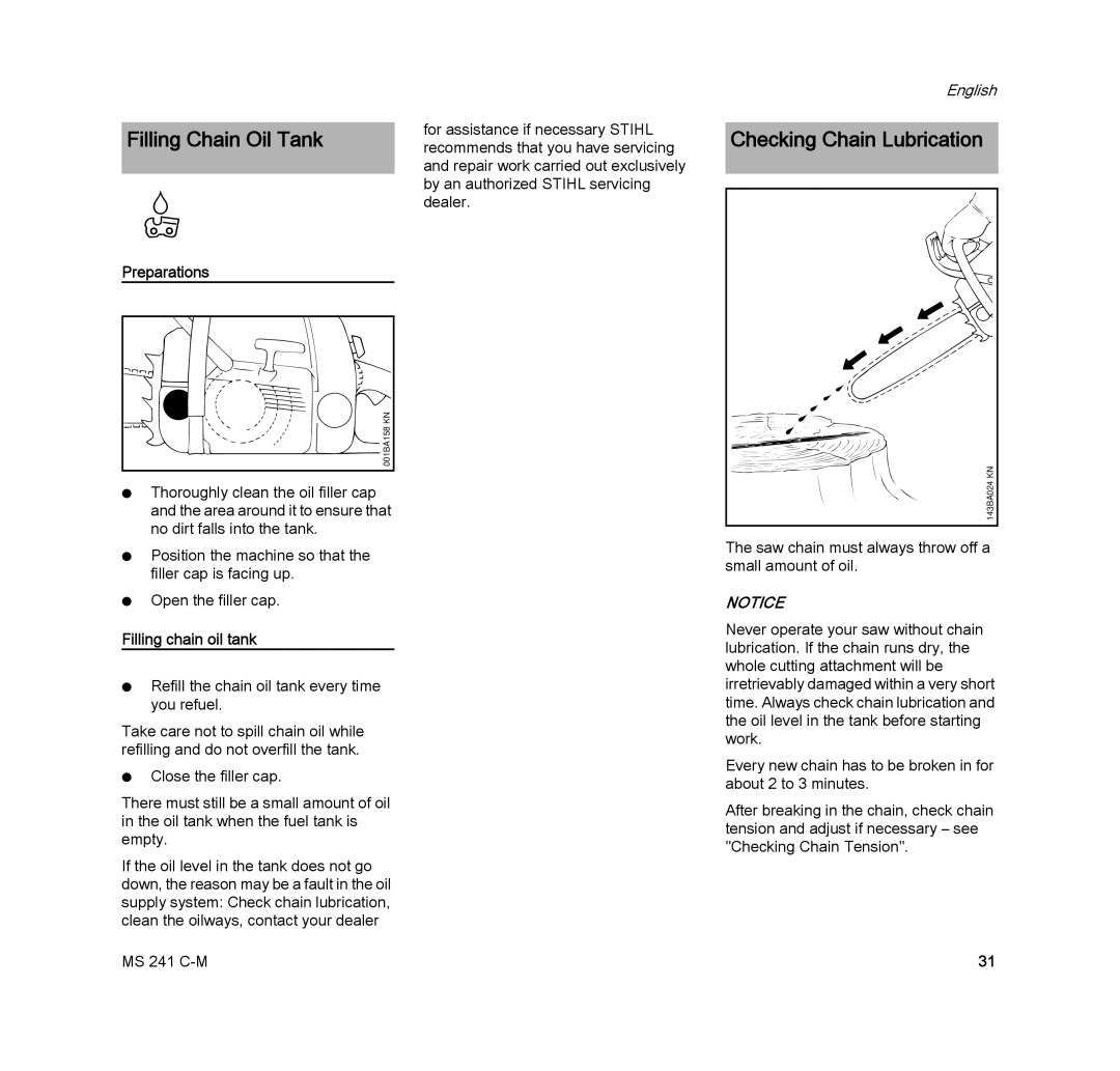 STIHL MS 241 C-M manual Filling Chain Oil Tank, Checking Chain Lubrication, Filling chain oil tank 