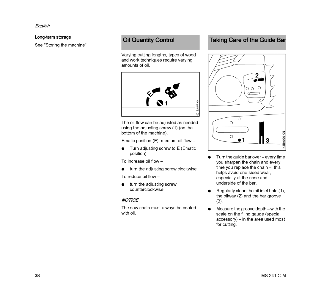 STIHL MS 241 C-M manual Oil Quantity Control, Long-term storage 