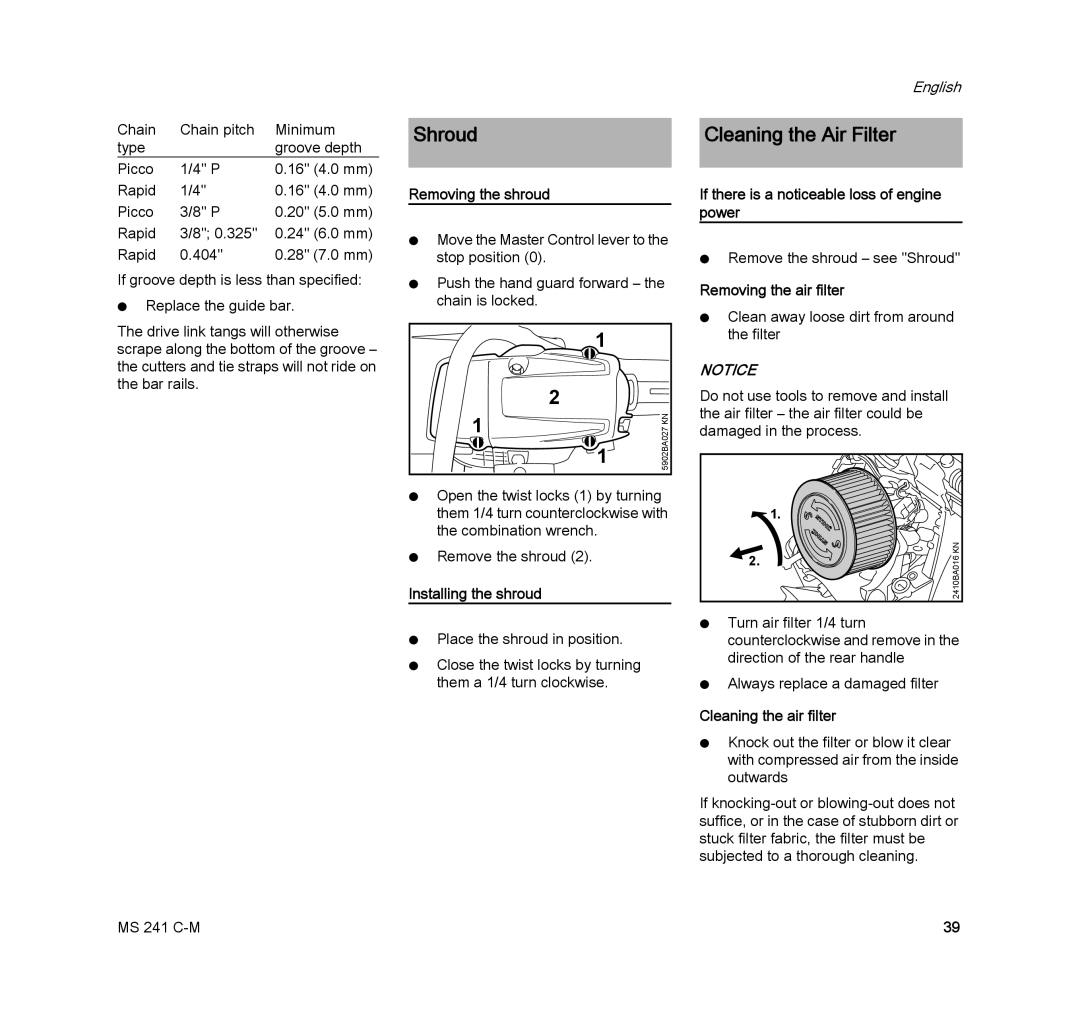 STIHL MS 241 C-M manual Shroud, Cleaning the Air Filter 