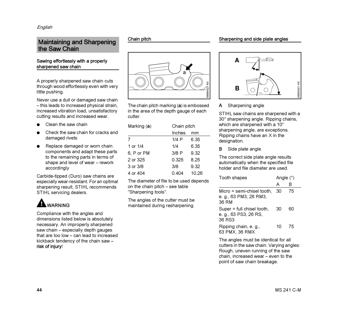 STIHL MS 241 C-M manual Maintaining and Sharpening the Saw Chain, Chain pitch 