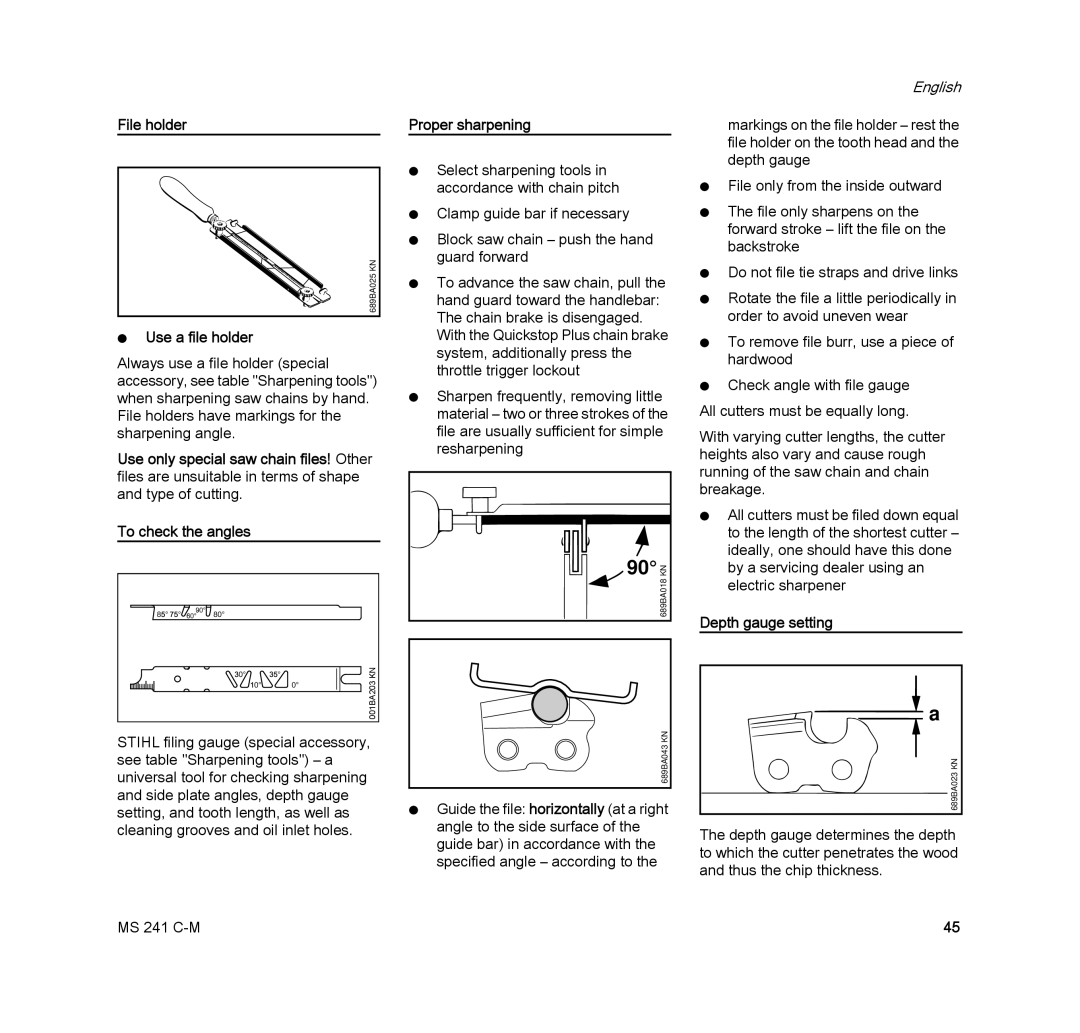 STIHL MS 241 C-M manual File holder, Use a file holder, Proper sharpening, Depth gauge setting 