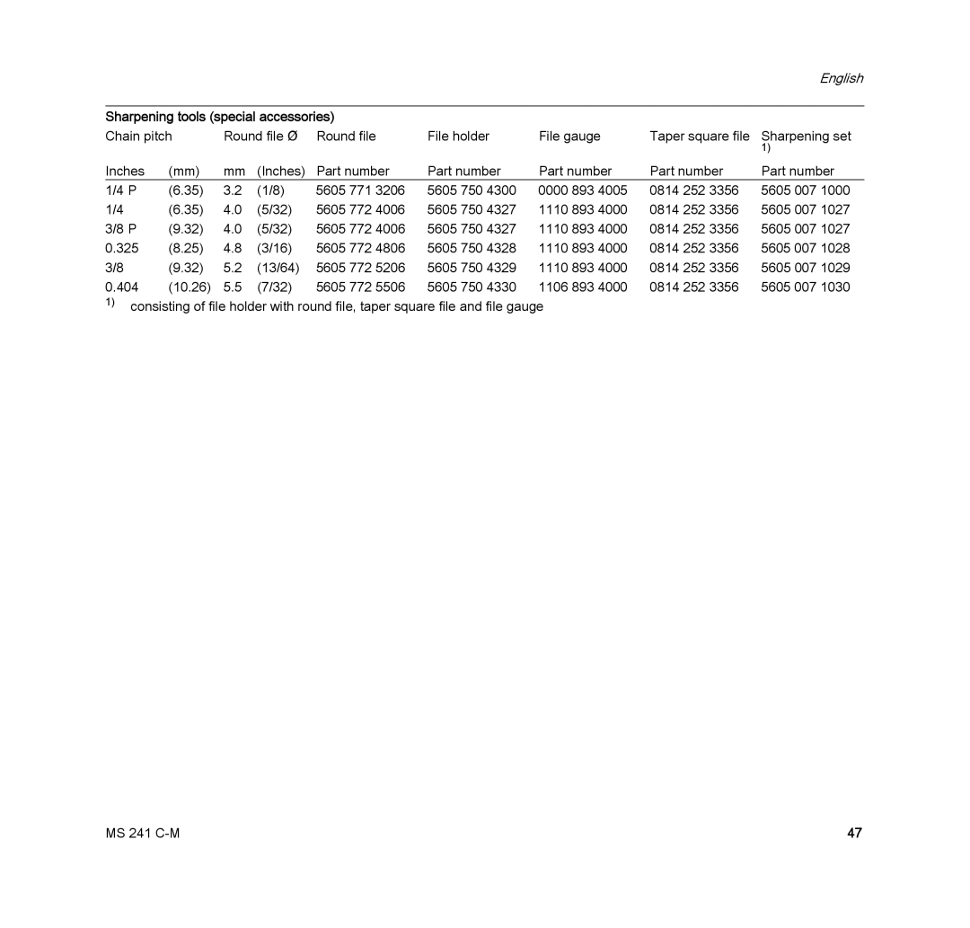 STIHL MS 241 C-M manual Sharpening tools special accessories 