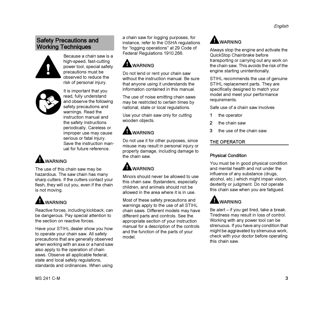 STIHL MS 241 C-M manual Safety Precautions and Working Techniques, Physical Condition 