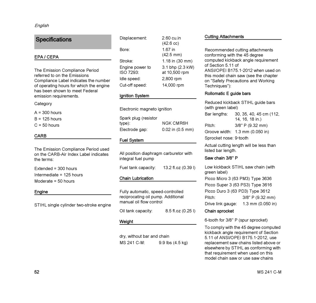 STIHL MS 241 C-M manual Specifications 