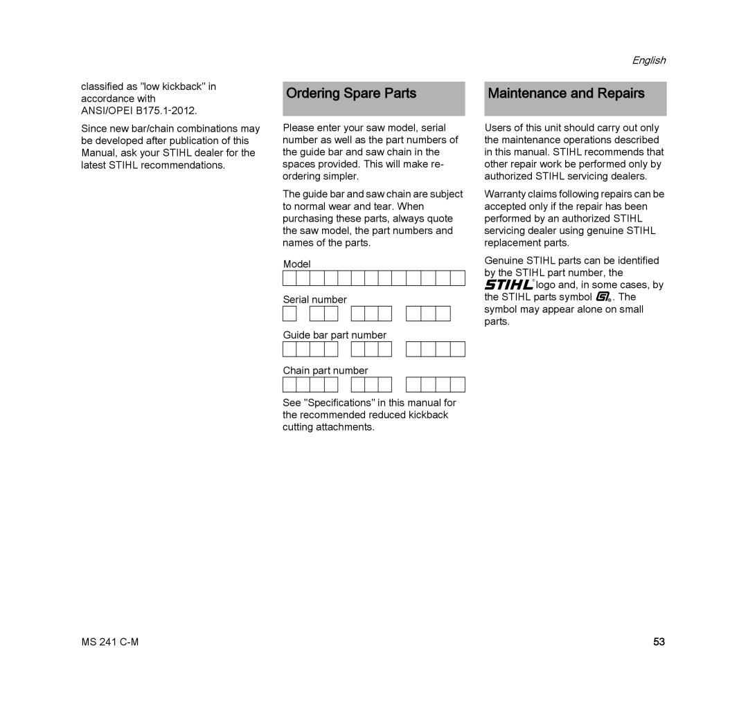 STIHL MS 241 C-M manual Ordering Spare Parts Maintenance and Repairs 