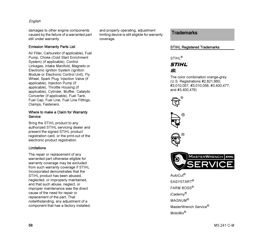 STIHL MS 241 C-M manual Emission Warranty Parts List, Stihl Registered Trademarks 