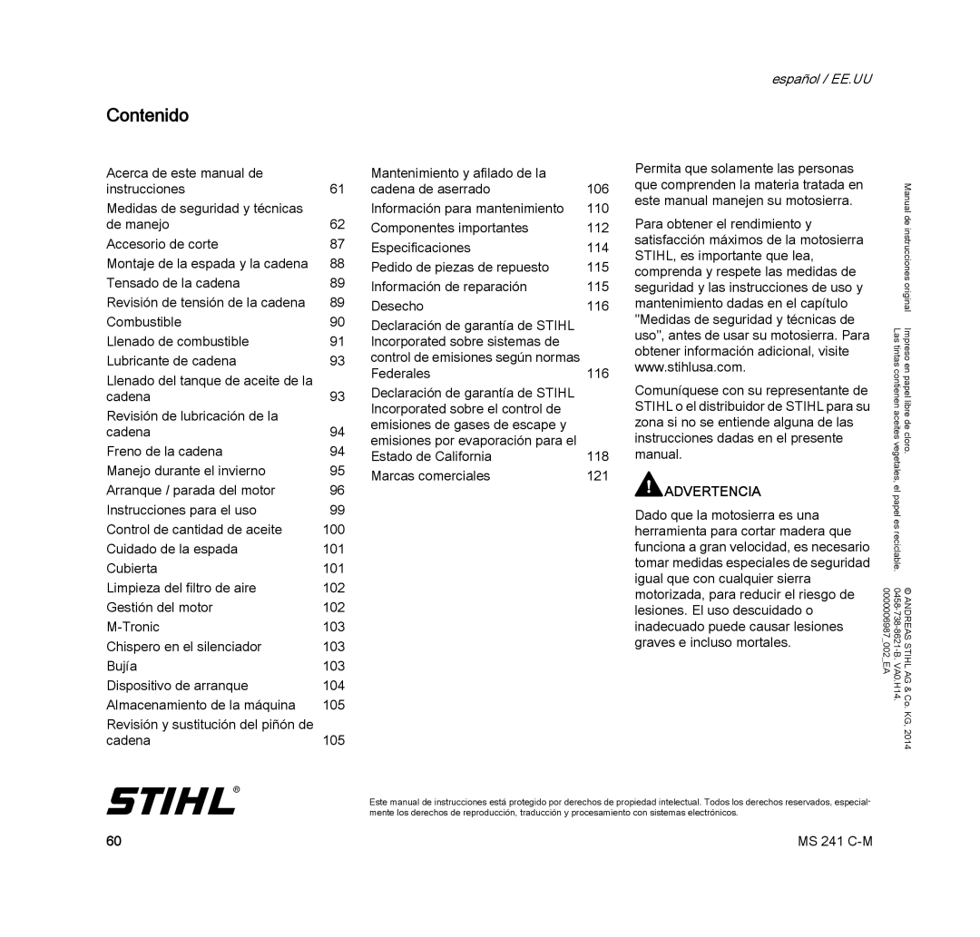 STIHL MS 241 C-M manual Contenido, Medidas de seguridad y técnicas de 