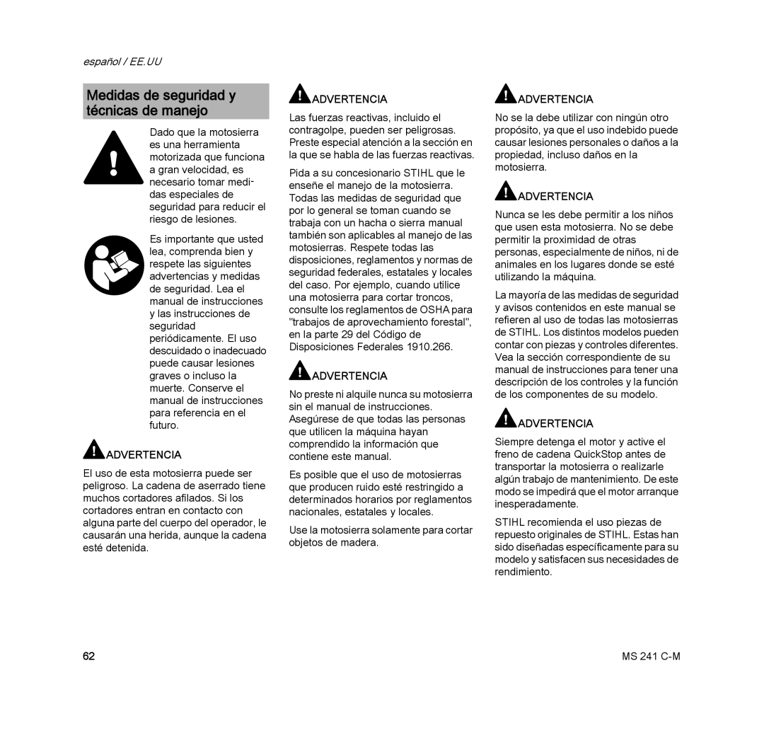 STIHL MS 241 C-M manual Medidas de seguridad y técnicas de manejo 