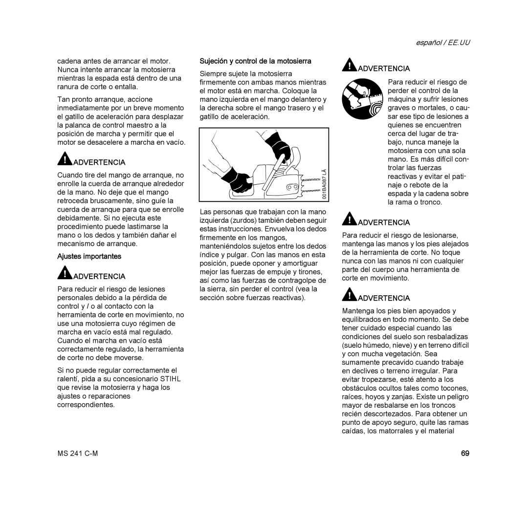 STIHL MS 241 C-M manual Ajustes importantes, Sujeción y control de la motosierra 