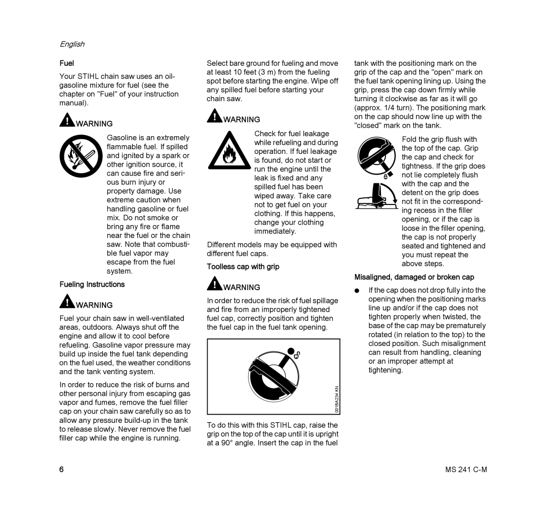 STIHL MS 241 C-M manual Fueling Instructions, Toolless cap with grip, Misaligned, damaged or broken cap 