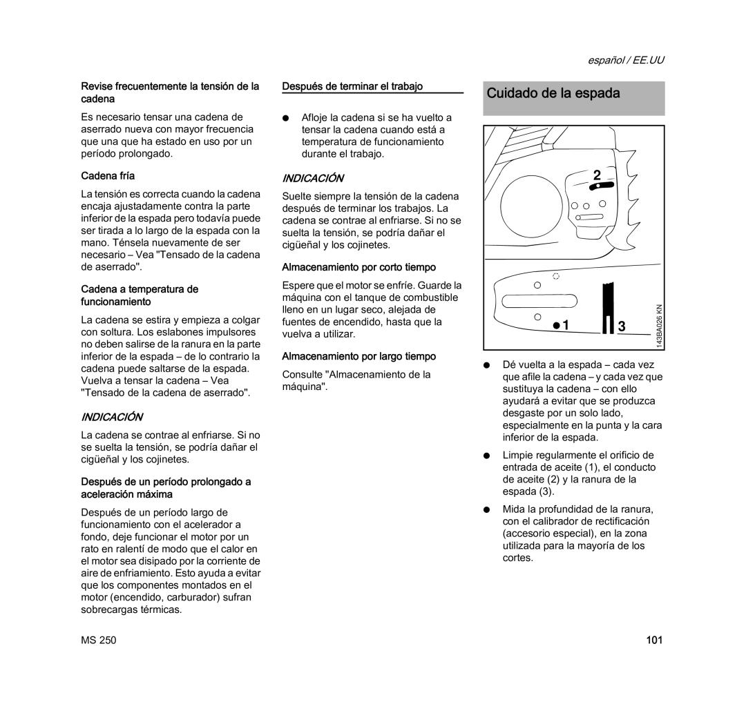 STIHL MS 250 manual Cuidado de la espada 