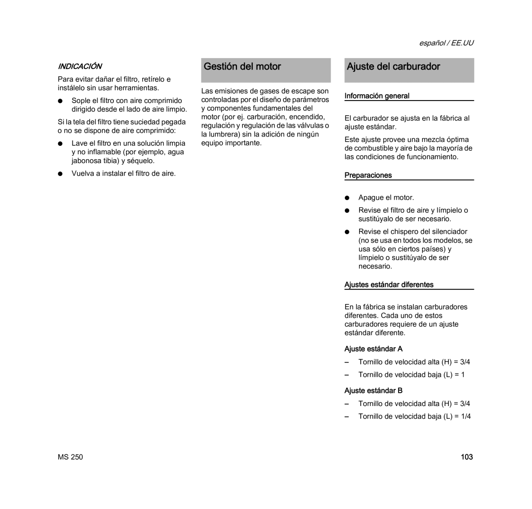 STIHL MS 250 manual Gestión del motor, Ajuste del carburador 