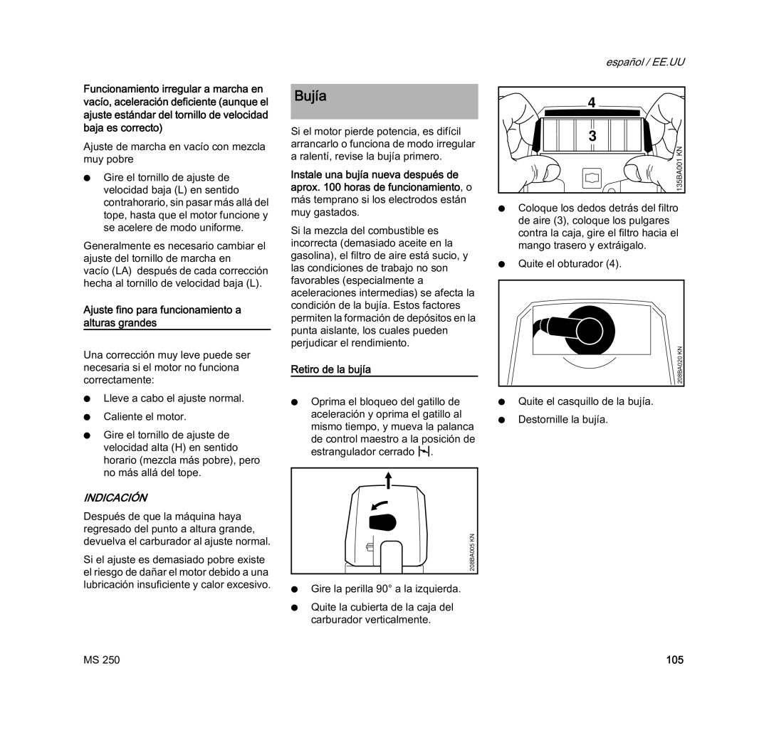 STIHL MS 250 manual Bujía, Retiro de la bujía, 105 