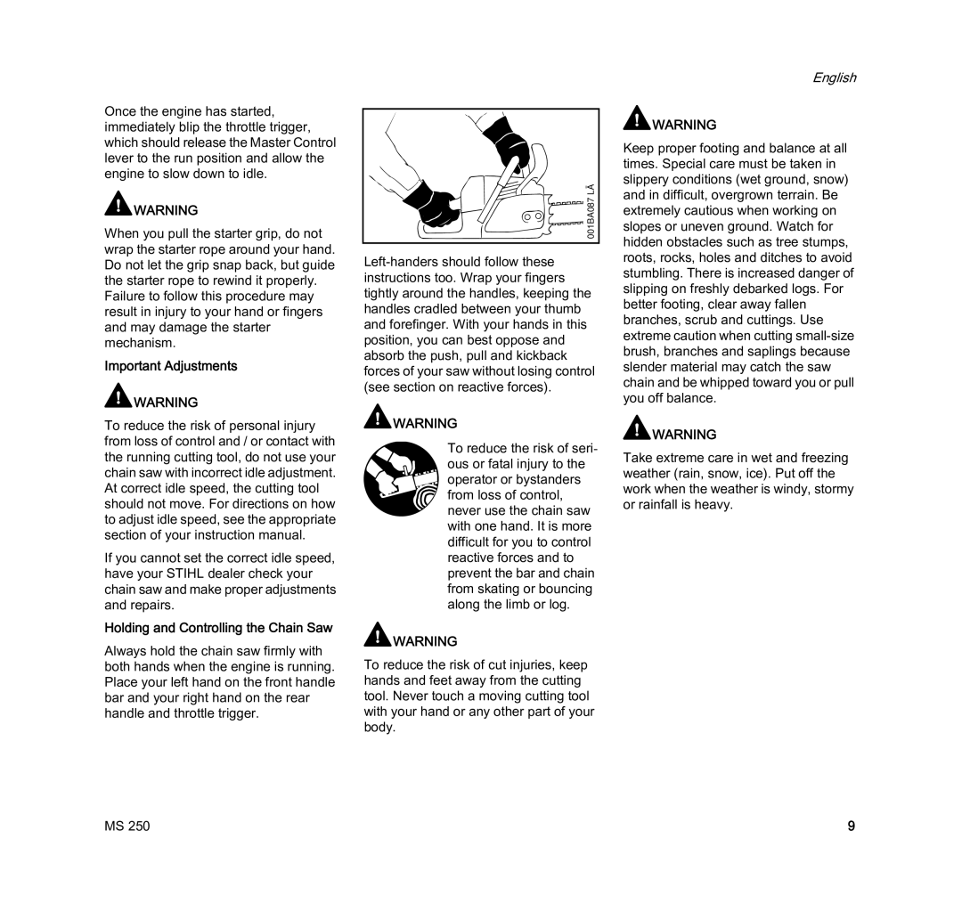 STIHL MS 250 manual Important Adjustments 