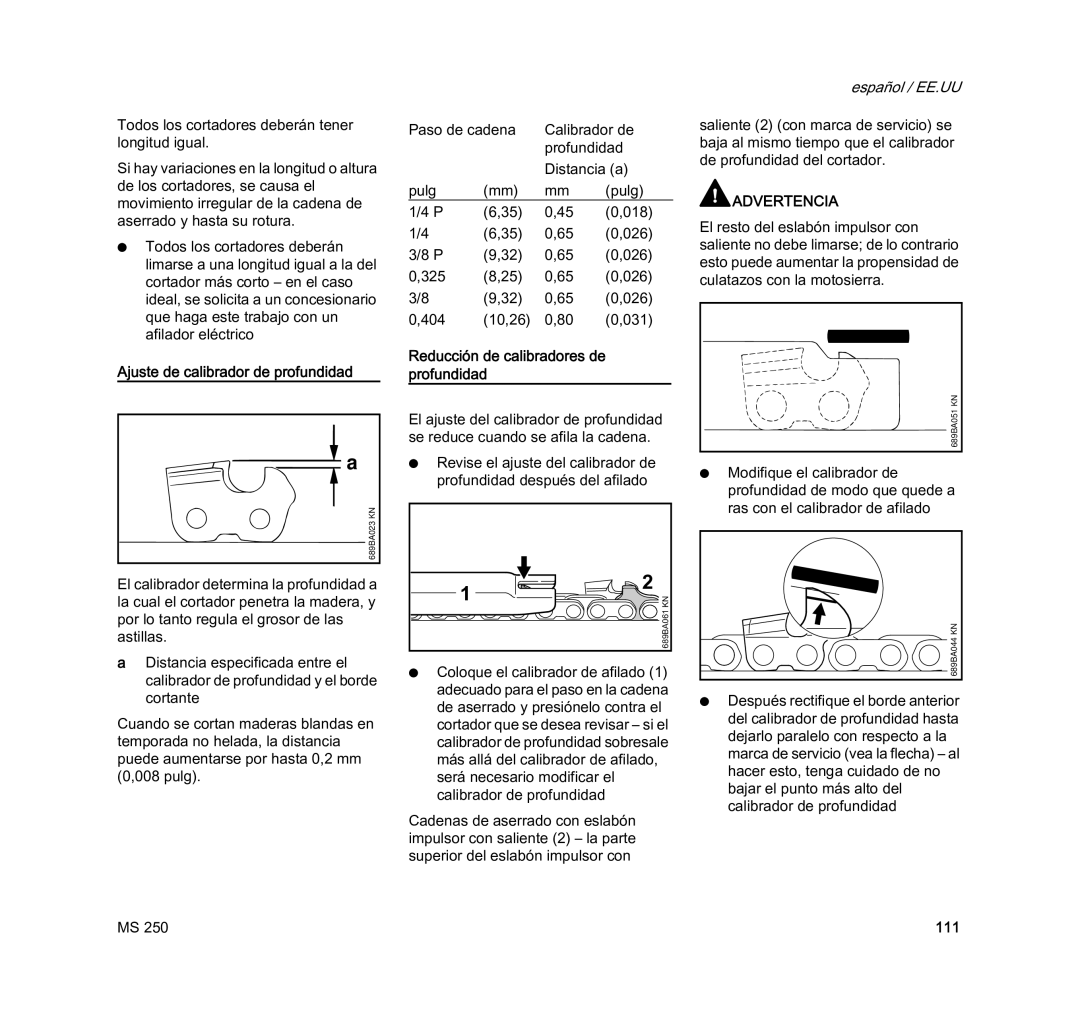 STIHL MS 250 manual Ajuste de calibrador de profundidad, 111 