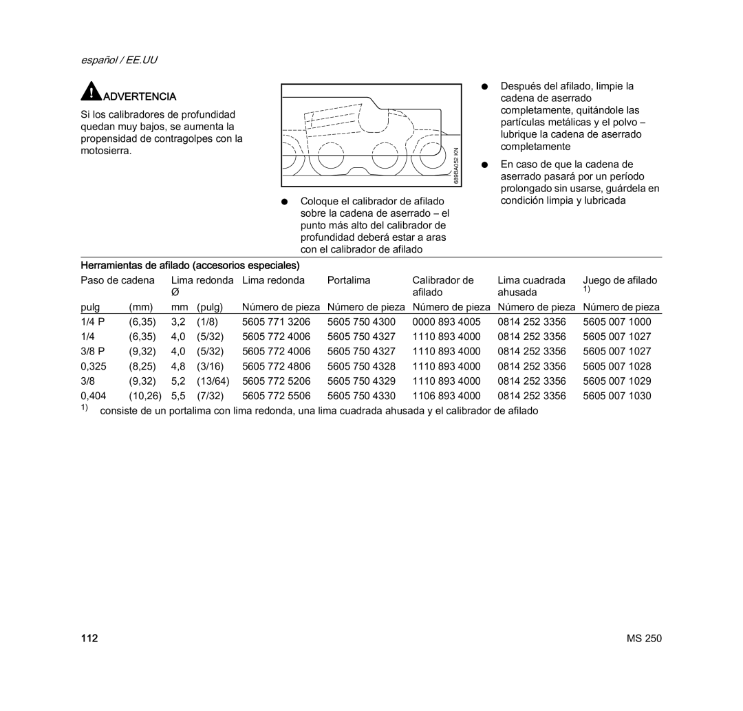 STIHL MS 250 manual Herramientas de afilado accesorios especiales 