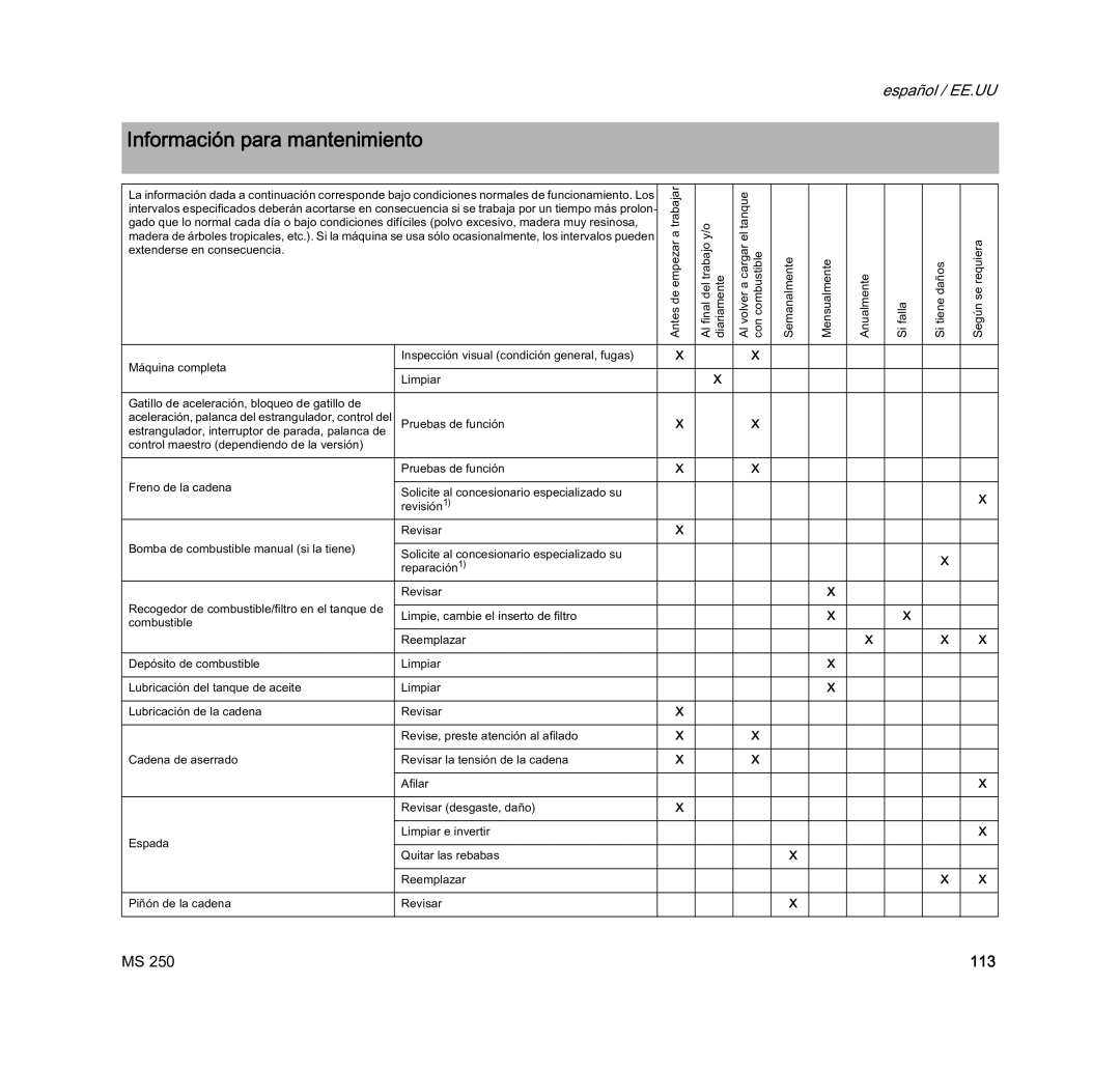 STIHL MS 250 manual Información para mantenimiento, 113 