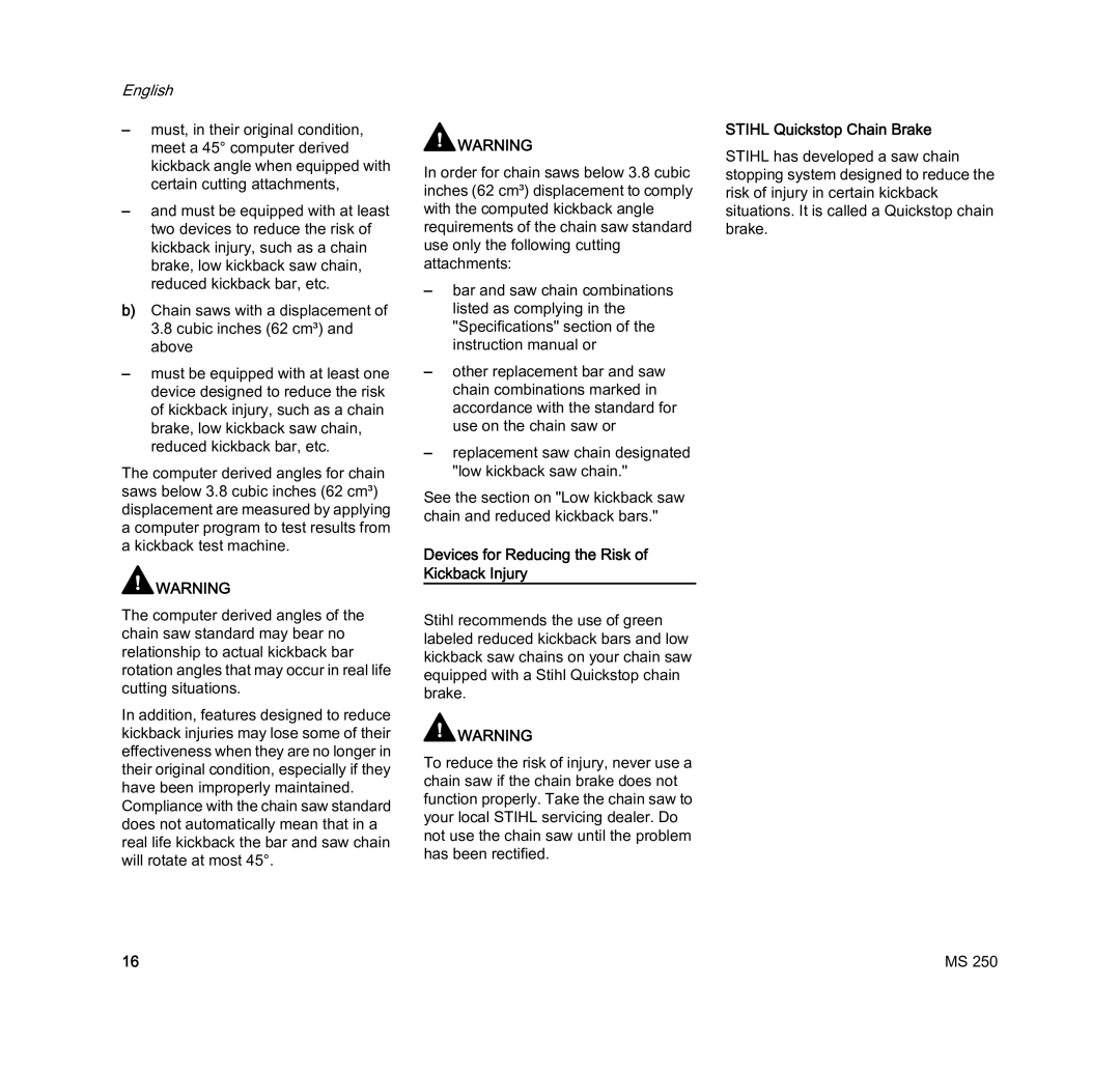 STIHL MS 250 manual Devices for Reducing the Risk of Kickback Injury, Stihl Quickstop Chain Brake 