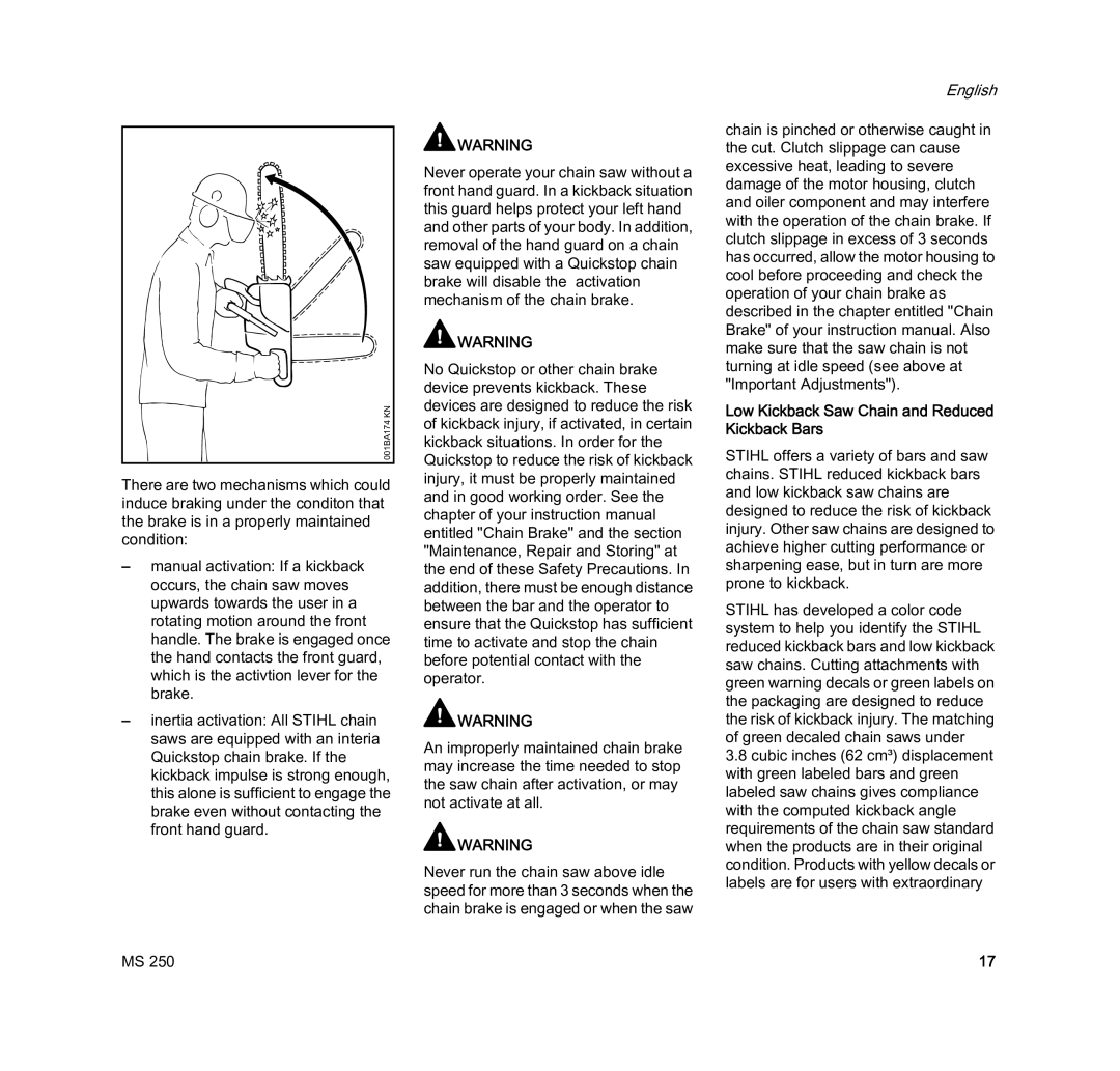 STIHL MS 250 manual Low Kickback Saw Chain and Reduced Kickback Bars 