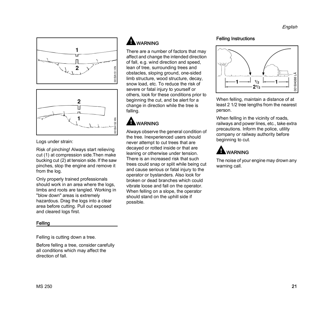 STIHL MS 250 manual Felling Instructions 