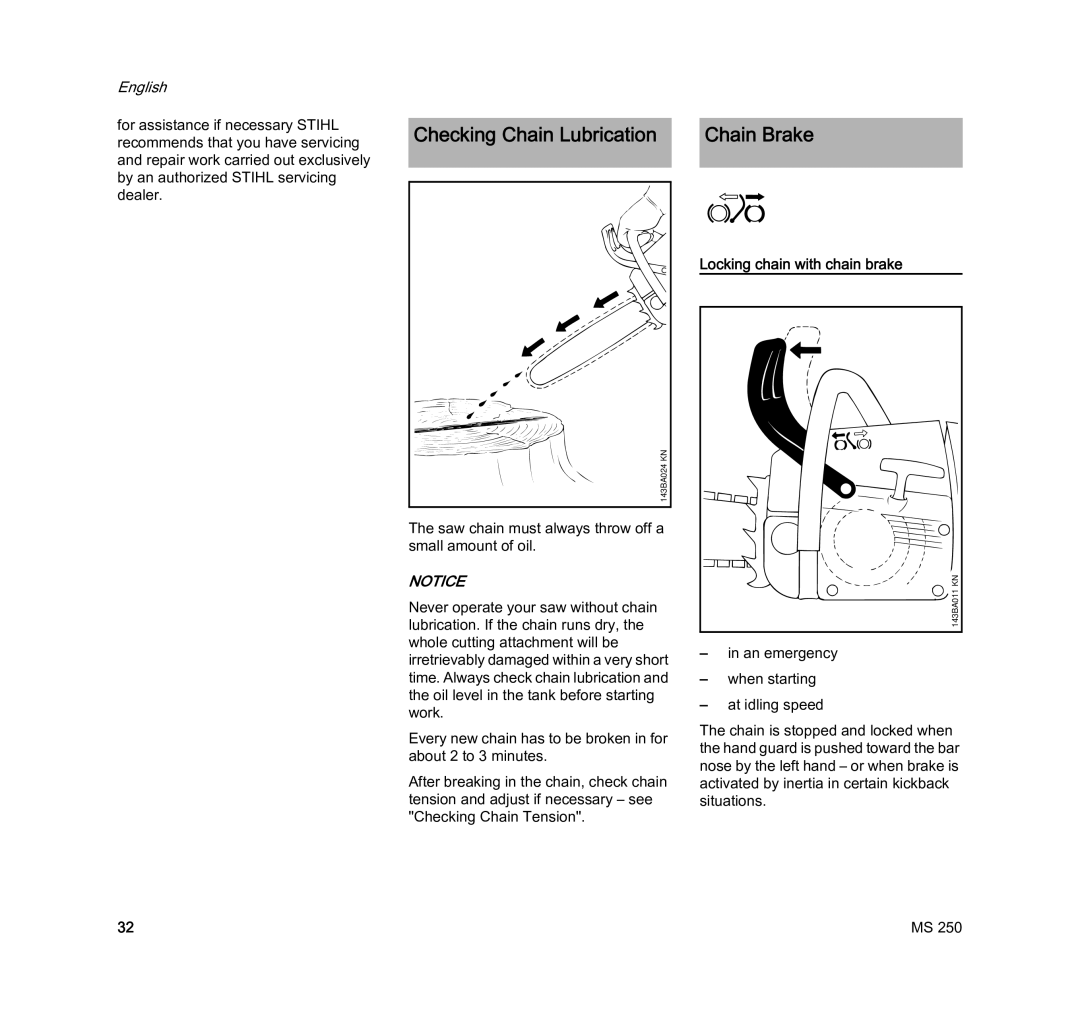 STIHL MS 250 manual Chain Brake, Locking chain with chain brake 