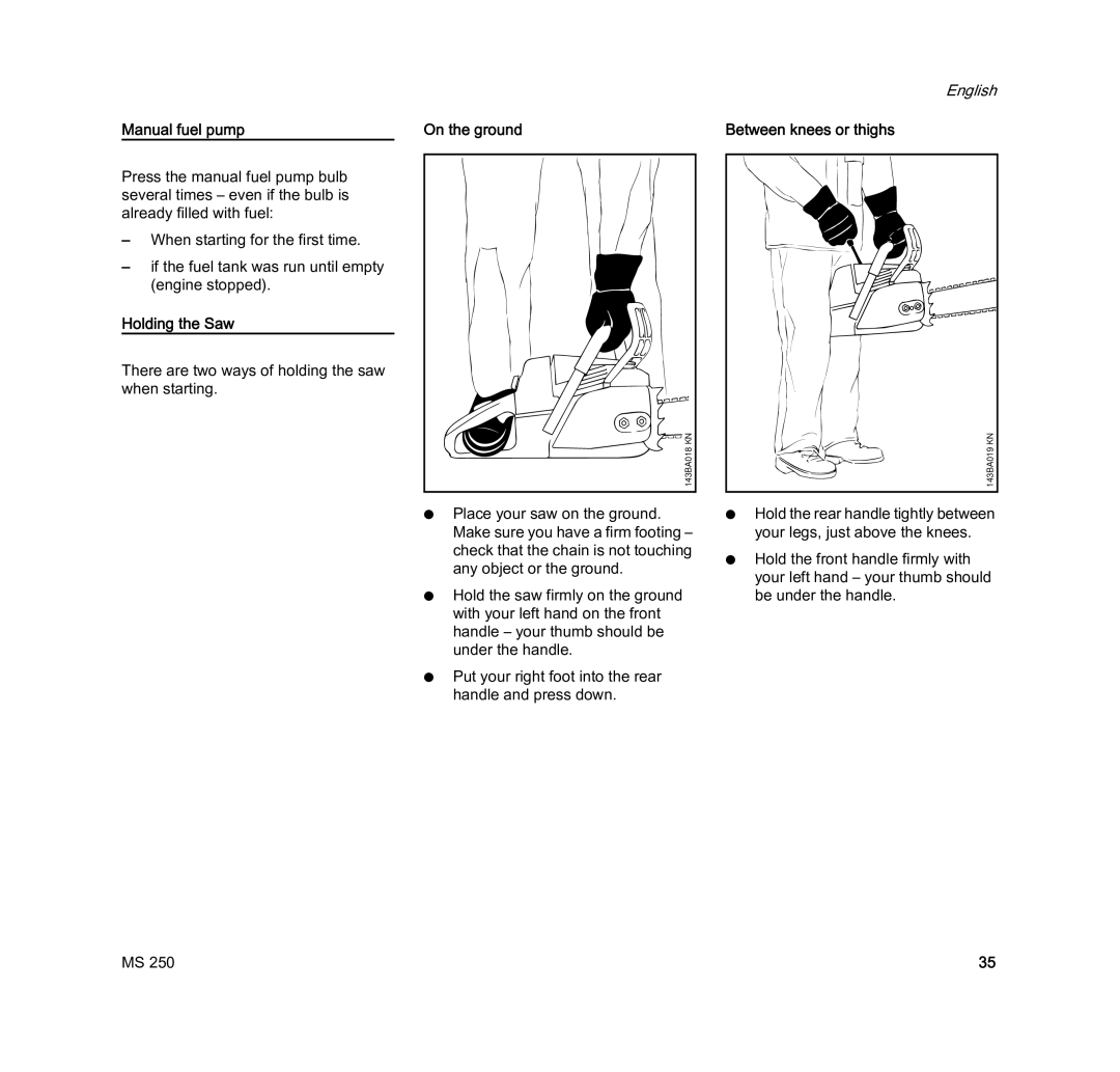 STIHL MS 250 manual Manual fuel pump, Holding the Saw, On the ground, Between knees or thighs 