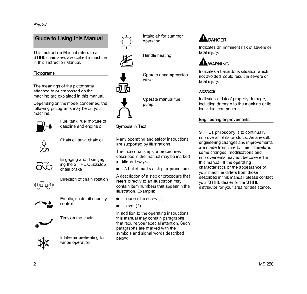 STIHL MS 250 manual Guide to Using this Manual, Pictograms, Symbols in Text, Engineering Improvements 