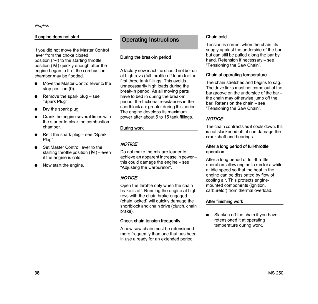 STIHL MS 250 manual Operating Instructions 