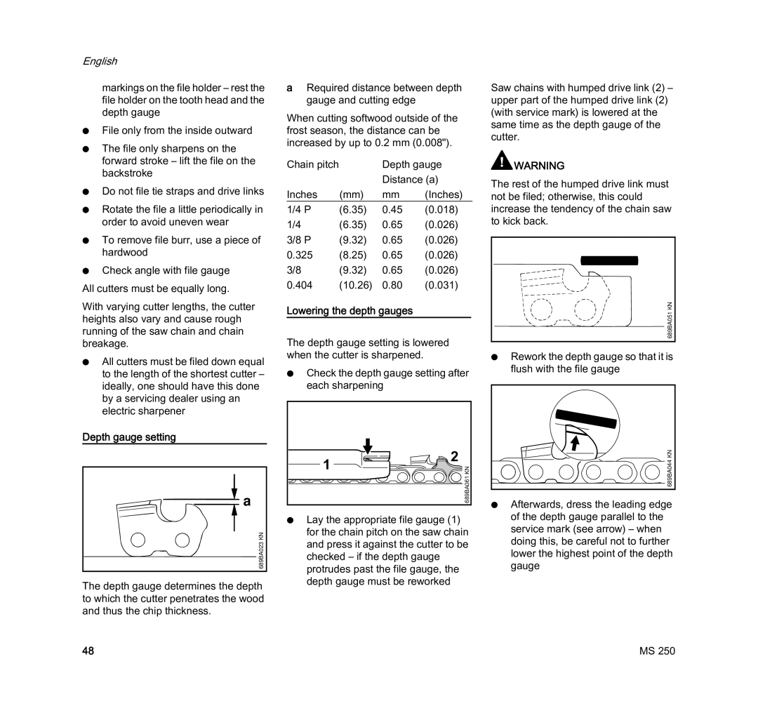 STIHL MS 250 manual Depth gauge setting, Lowering the depth gauges 