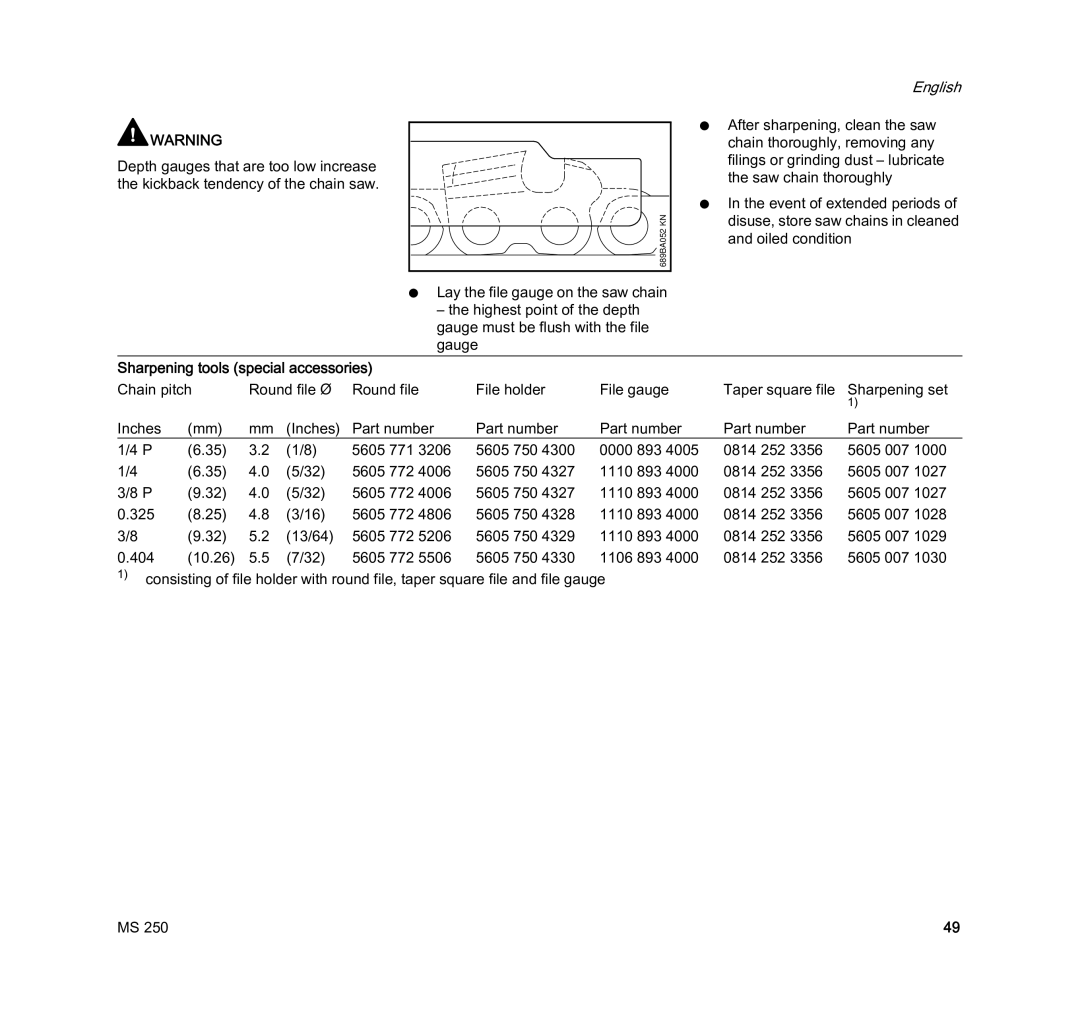 STIHL MS 250 manual Sharpening tools special accessories 
