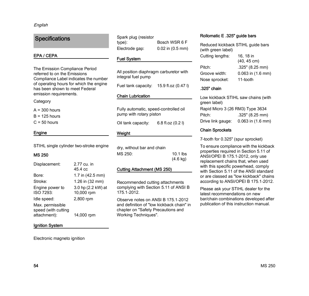 STIHL MS 250 manual Specifications 