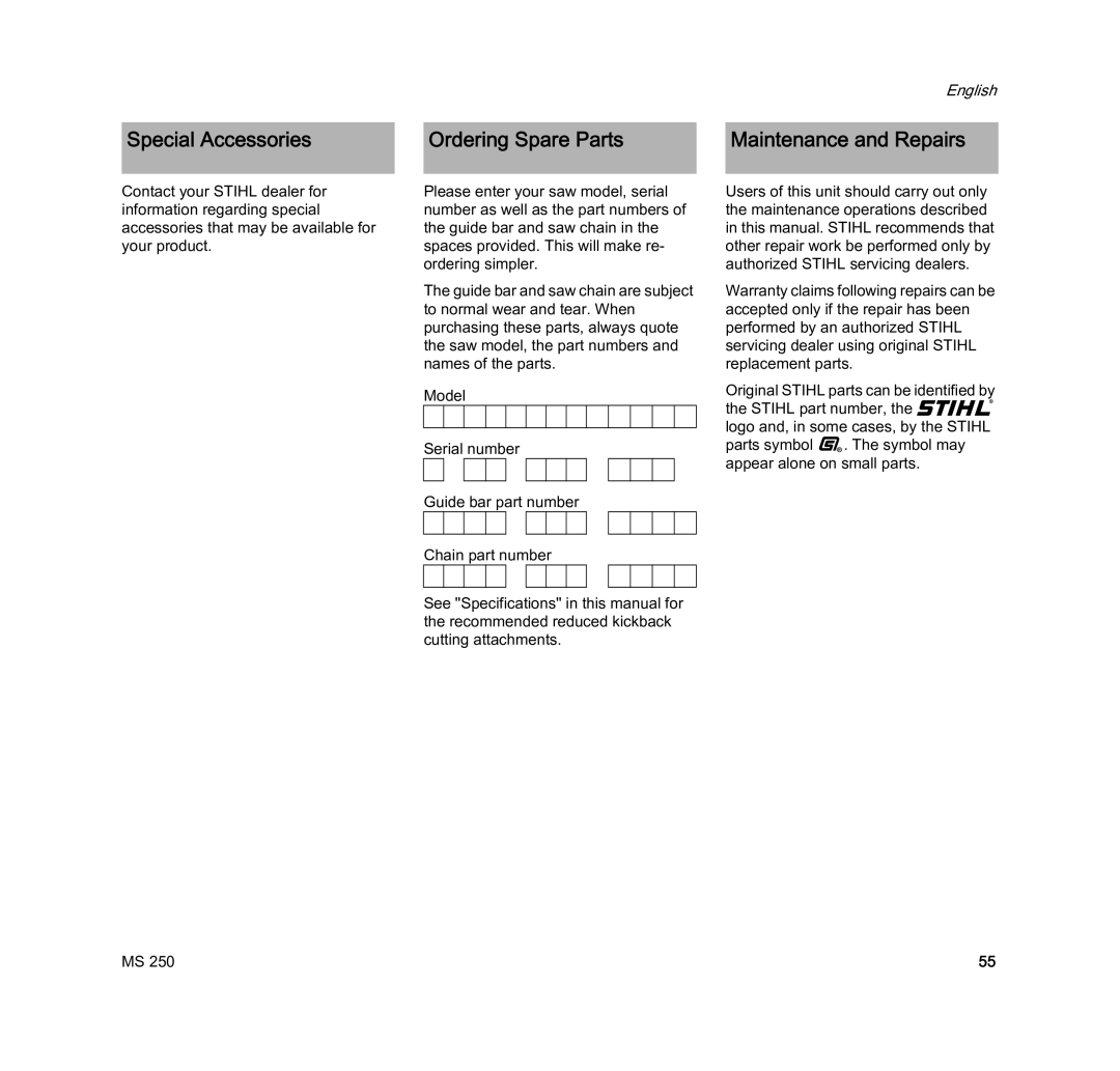 STIHL MS 250 manual English 