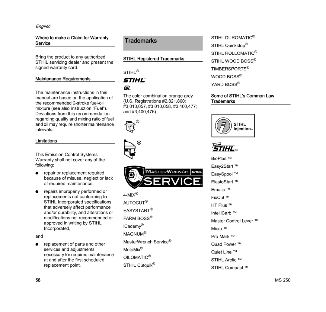 STIHL MS 250 manual Trademarks 