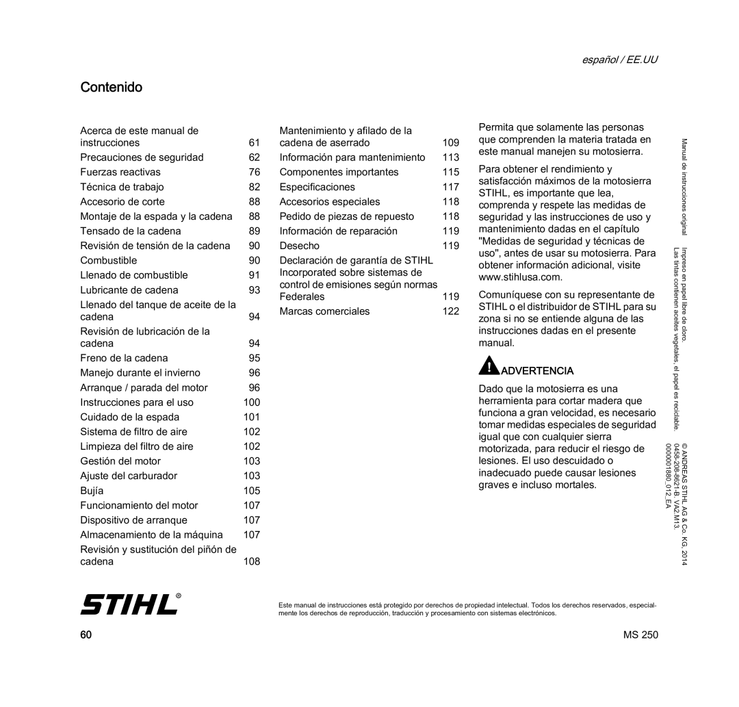 STIHL MS 250 manual Contenido, Advertencia 