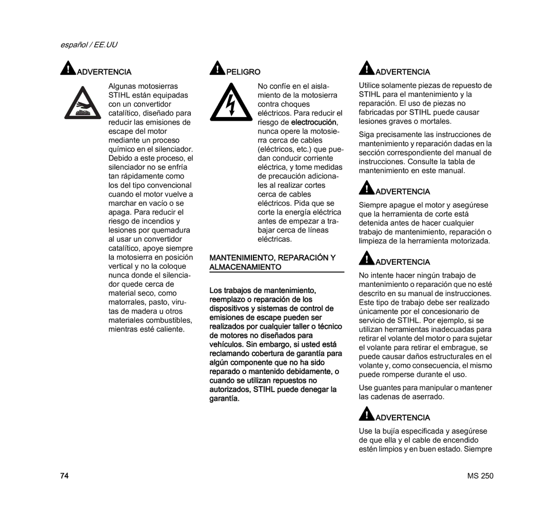 STIHL MS 250 manual MANTENIMIENTO, Reparación Y Almacenamiento 