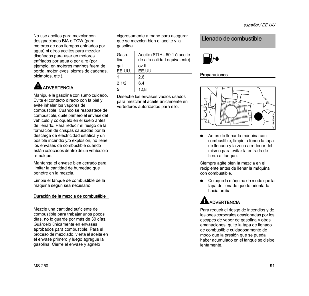 STIHL MS 250 manual Llenado de combustible, Preparaciones 