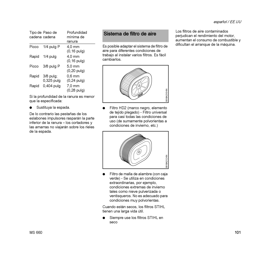 STIHL MS 660 MAGNUM manual Sistema de filtro de aire, 101 