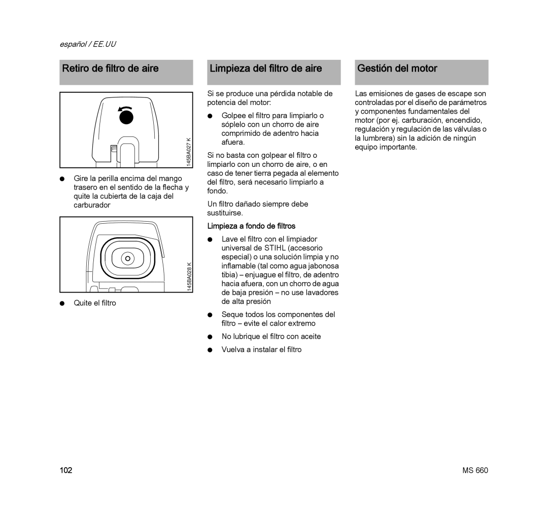 STIHL MS 660 MAGNUM manual Limpieza a fondo de filtros 