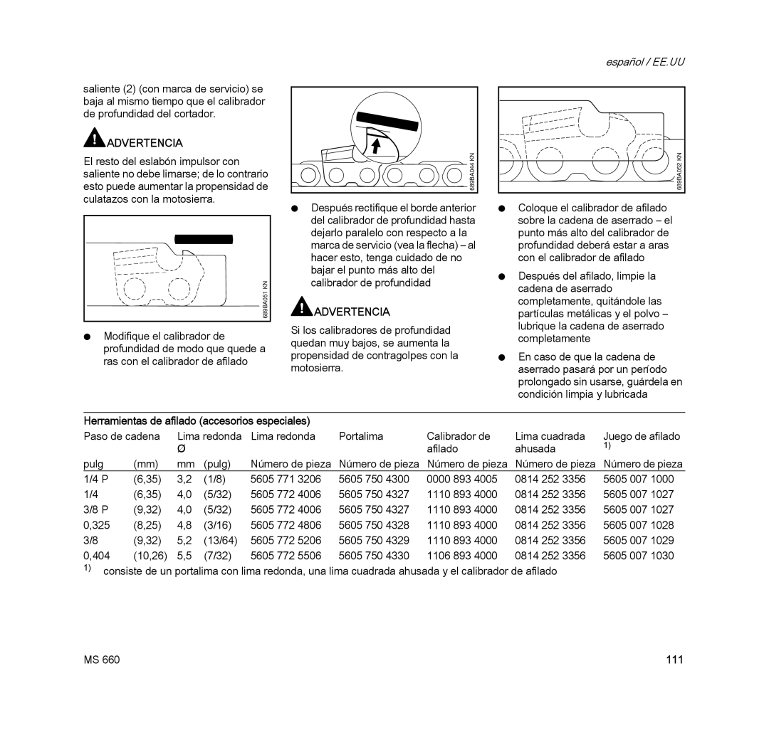 STIHL MS 660 MAGNUM manual Herramientas de afilado accesorios especiales, 111 