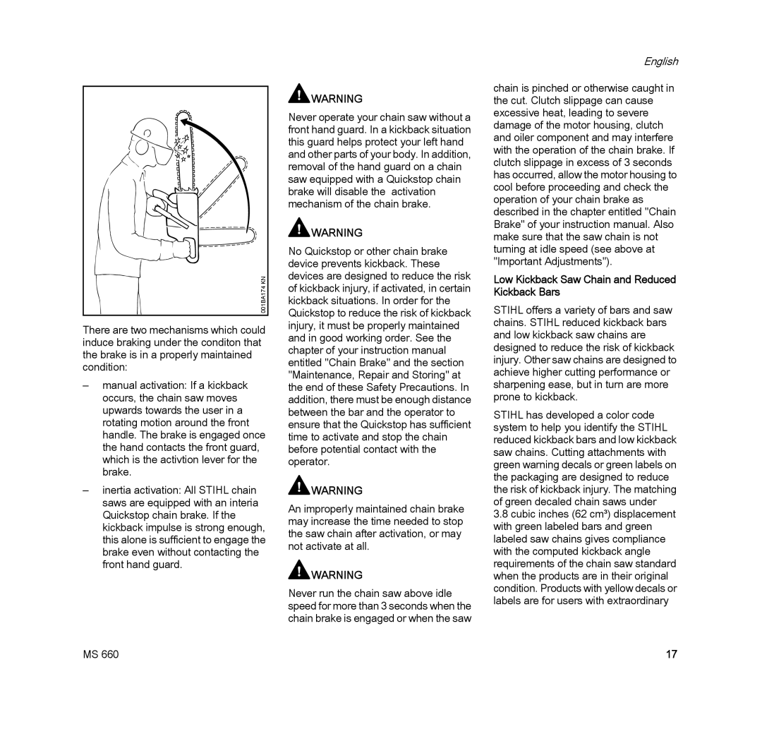 STIHL MS 660 MAGNUM manual Low Kickback Saw Chain and Reduced Kickback Bars 