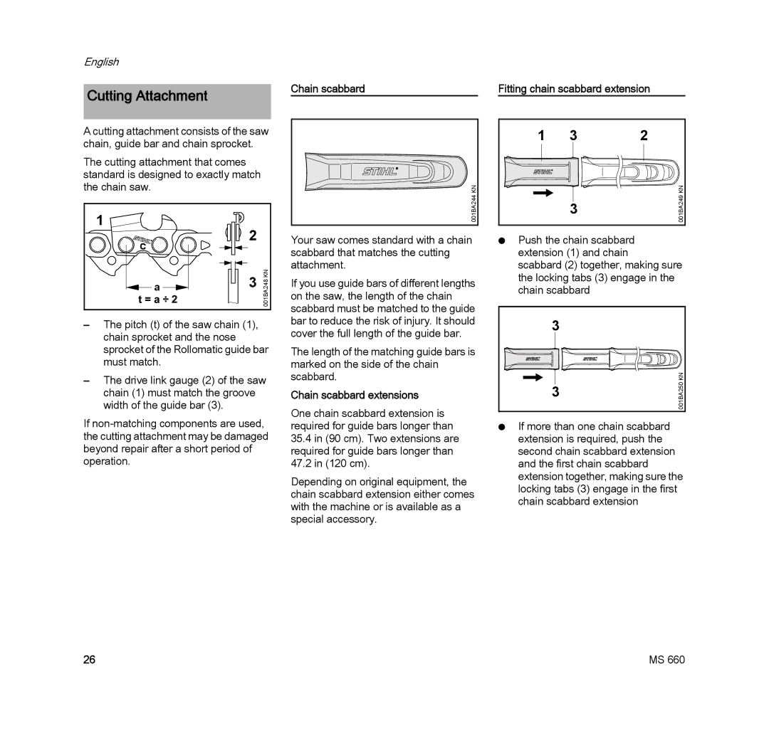 STIHL MS 660 MAGNUM manual Cutting Attachment, Chain scabbard Fitting chain scabbard extension, Chain scabbard extensions 