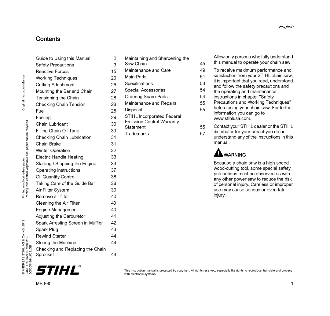 STIHL MS 660 MAGNUM manual Contents 