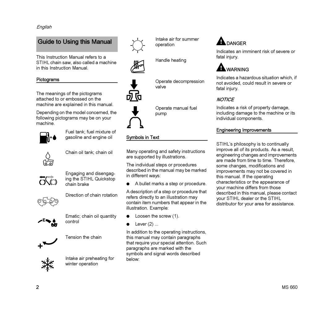 STIHL MS 660 MAGNUM manual Guide to Using this Manual, Pictograms, Symbols in Text, Engineering Improvements 