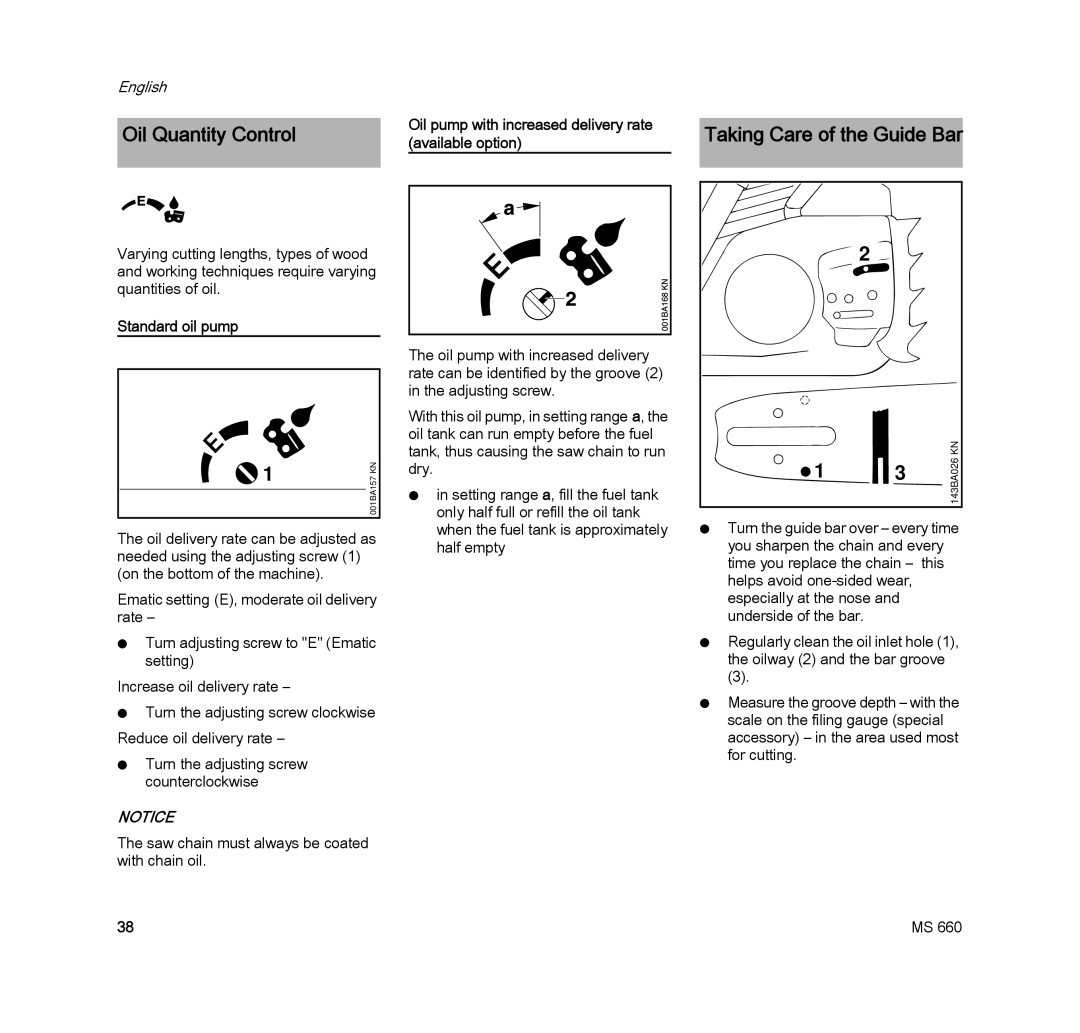 STIHL MS 660 MAGNUM manual Oil Quantity Control, Taking Care of the Guide Bar, Available option 