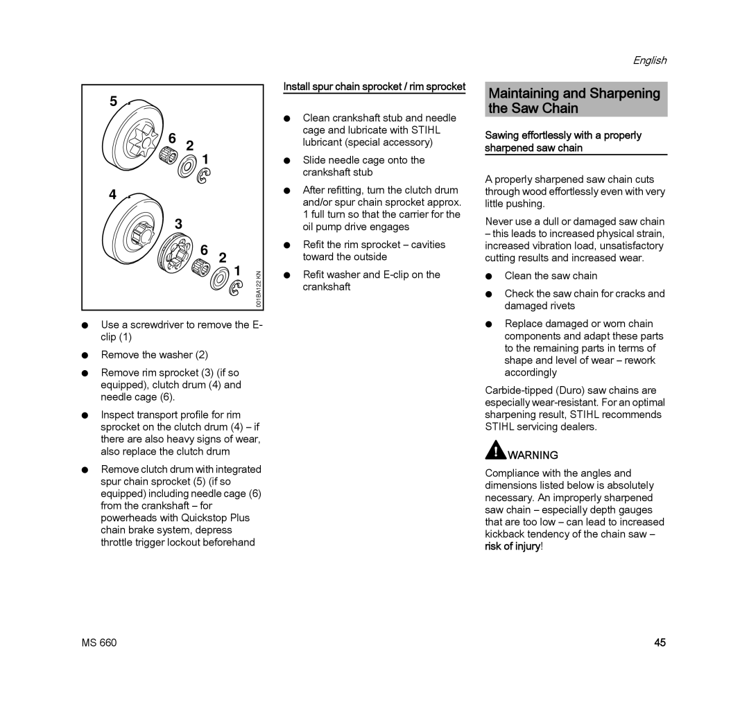 STIHL MS 660 MAGNUM manual Maintaining and Sharpening the Saw Chain 