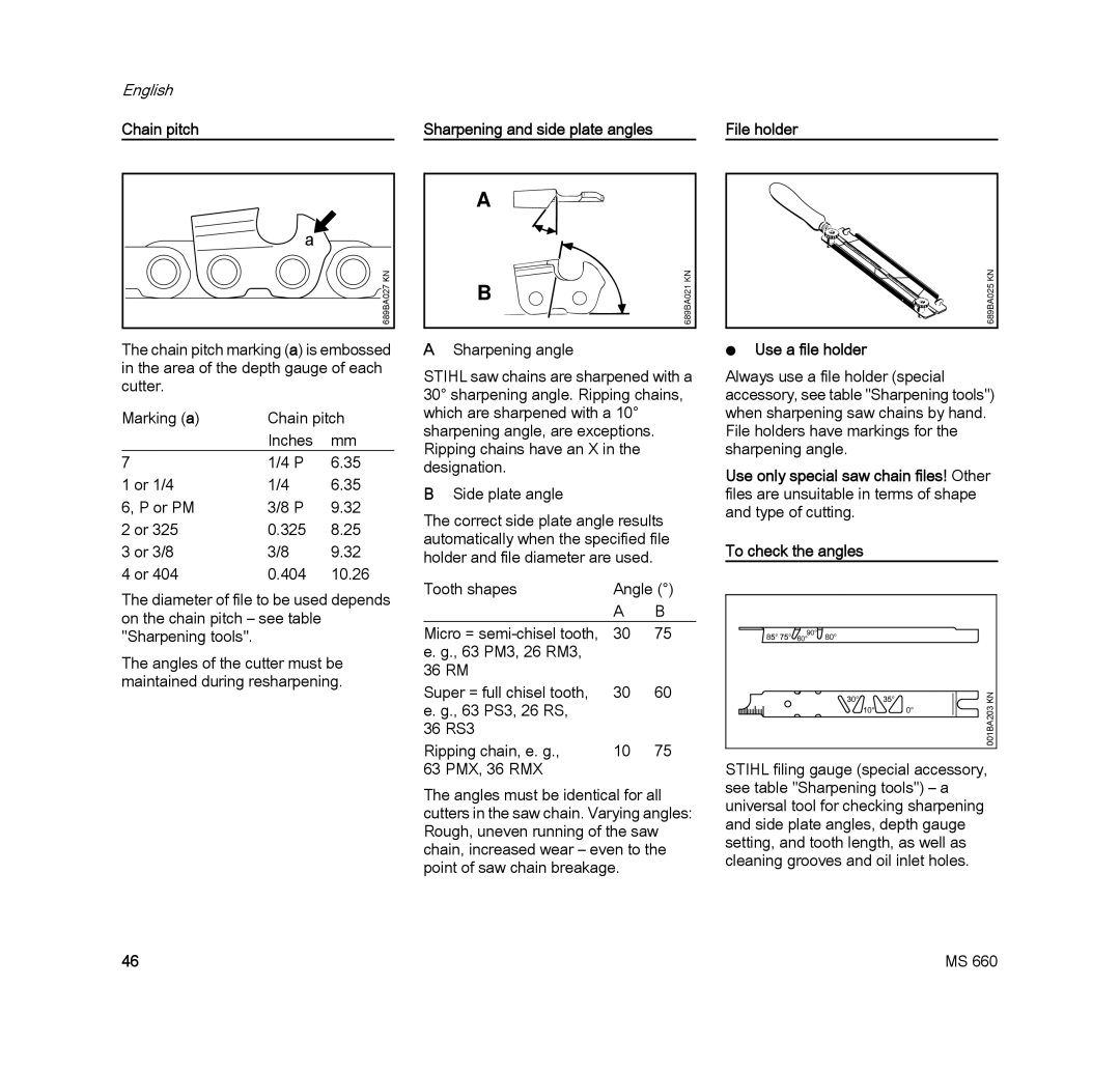 STIHL MS 660 MAGNUM manual Chain pitch, File holder, Use a file holder 