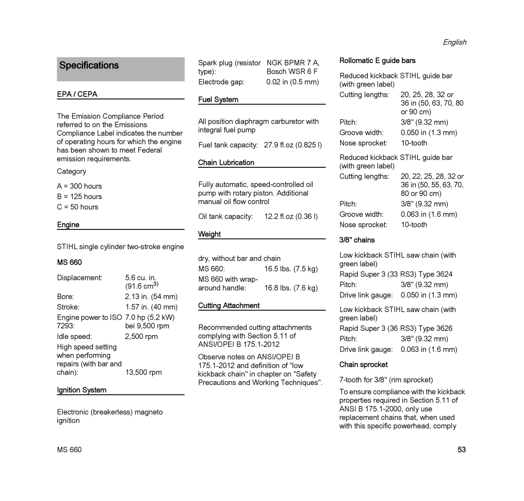 STIHL MS 660 MAGNUM manual Specifications 