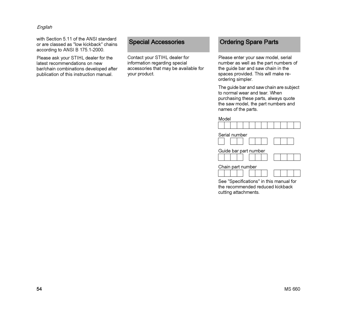 STIHL MS 660 MAGNUM manual Special Accessories, Ordering Spare Parts 