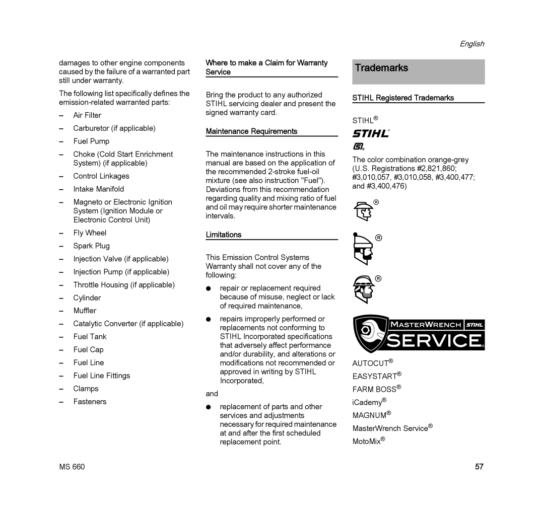 STIHL MS 660 MAGNUM manual Trademarks, Where to make a Claim for Warranty Service, Maintenance Requirements, Limitations 